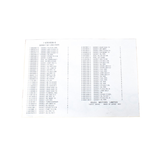 Engine gasket Set Isuzu 1878143380 Genuine