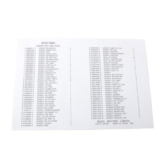Engine gasket Set Isuzu 5878178801 Genuine