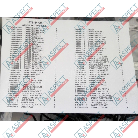 Engine gasket Set Isuzu (1878144720) 6WG1 Hitachi, John Deere Genuine