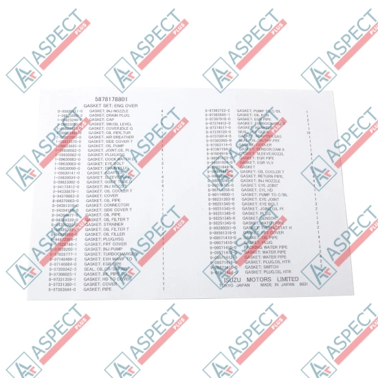 Engine gasket Set Isuzu (5878178801) 4HK1 Hitachi, JCB Genuine