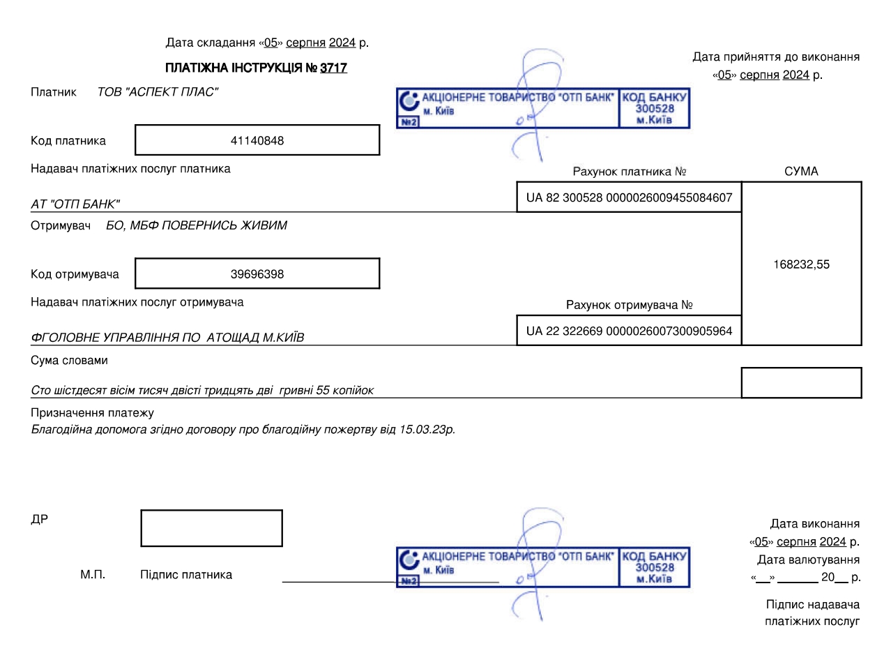 donation to the Come Back Alive fund from Aspect Plc for Juli, 2024