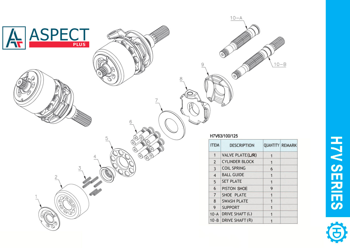 Spare parts for Kawasaki K7V63 hydraulic pump